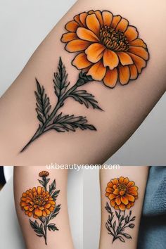 two tattoos with orange flowers and leaves on their arms, one has an orange flower