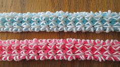 two crocheted bracelets sitting on top of a wooden table