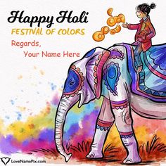 an elephant with a woman riding on it's back and the words happy holi festival