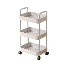 a white plastic utility cart with three shelves