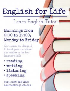 a poster with books stacked on top of each other and the words english for life