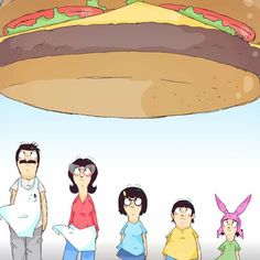 cartoon characters standing in front of a giant hamburger with buns on it's face