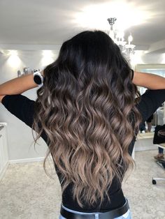 Blonde Balayage To Dark Balayage, Dark Brown And Blonde Ombre Hair, Black Hair And Balayage, Bayalage Black Hair Medium Length, 2023 Ash Brown Hair, Hair Color Ideas For Black Hair Tips, Pretty Dark Hair With Highlights, Curtain Bangs Long Hair Brown Balayage, Brunette Balayage Subtle