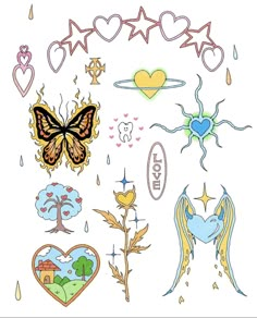 a drawing of different types of tattoos on a white background with hearts, stars, and trees