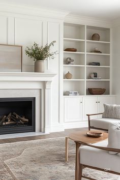 a living room filled with furniture and a fire place in front of a book shelf