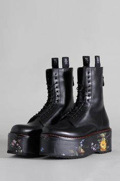 R13 DOUBLE STACK BOOT - BLACK WITH FLORAL PLATFORM R13 Boots, Dr Shoes, Funky Shoes, Black Platform Boots, Shearling Boots, Mode Kpop, Combat Boot, Aesthetic Shoes, Swag Shoes