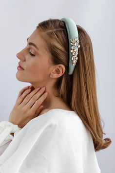 Headband Darcy is decorated with lace and crystals, wrapped with a delicate satin ribbon to the touch will make your image incomparably radiant. Wearing it is incredibly pleasant and comfortable due to the smooth satin ribbon and the thin bezel, which fits snugly to the head and guarantees a luxurious look throughout the day. Wear it separately, or combine it with another headband to create a more refined and bright image. Size:Width - 4 cmLength - 41 cm Color: Mint Materials:We pay special atte Rose Gold Headband, Rebecca Black, Wedding Flutes, Rhinestone Material, Gold Headband, Black Headband, Black Bow, Hair Dos, Satin Ribbon