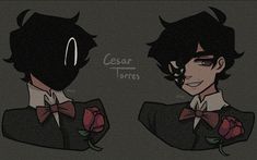 two cartoon characters with black hair and bow ties