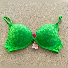 Brand New Victoria’s Secret Pink Push Up Bra. Size 34b. Green Lace With Tags On. Green Stretch Bra For Spring, Fitted Green Underwire Bra, Spring Green Stretch Bra, Fitted Green Bra With Padded Cups, Fitted Seamless Green Bra, Green Bra With Integrated Support, Green Push-up Bra With Padded Cups, Green Seamless Bra For Spring, Spring Green Seamless Bra