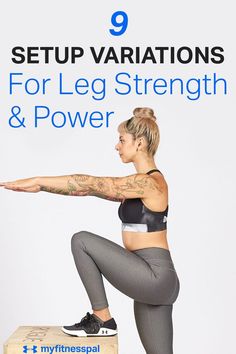 a woman in grey leggings and black sports bra top doing squat exercises on a box