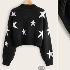 Brief As It Is, This Jumper Sweater Comes With Contrast Stars Print To Add A Chic Detail, And The Long Dropped Sleeves Will Give You A Cozy Wearing Experience. #A Shein Sweater, Crop Pullover, Black And White Stars, Star Sweater, Crop Sweater, Mohair Sweater, Sweaters Online, Casual Sweaters, Streetwear Women