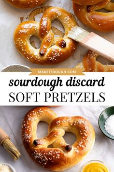 an assortment of soft pretzels with butter and mustard in the background text reads sourdough discard soft pretzels