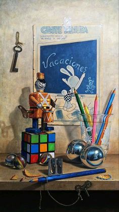 a painting of some toys on a table next to a chalk board and pencils