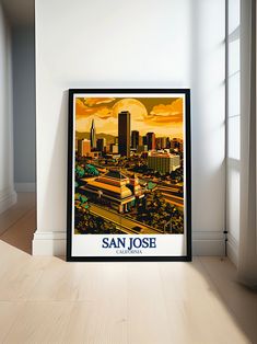 an image of san jose california city poster on the wall with wood flooring and white walls