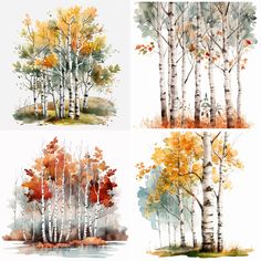 four different types of trees painted in watercolor