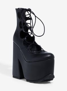 Dominate the scene in these YRU platform heels! They have wide lace-up detail in the front  and an exaggerated sole. There's a zipper up the back for ease.Listed in women's sizes.Platform: 3 14"; heel: 6 12"Polyurethane upper; rubber soleImported Cool Clothes For Girls, Perky Goth, Cool Girl Outfits, Cool Clothes, Clothes For Girls, Prom Heels, Platform Stilettos, Prom Shoes, Platform High Heels