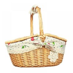 a wicker basket with a bow on the handle