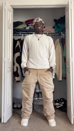 Beige Mens Outfits, Brown And Tan Outfits Men, Outfit Inspirations Men Streetwear, Earth Tone Streetwear Men, Black Guy Outfits Aesthetic, Tan Pants Outfit Men, Baggy Fits Men, Brown Shirt Outfit Men, Earthy Outfits Men