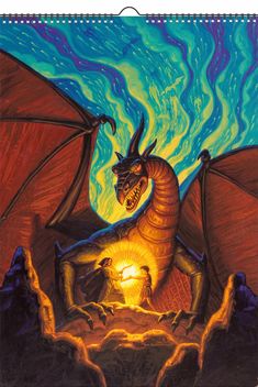 a drawing of a dragon sitting in front of a fire