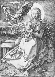 the virgin and child are depicted in this engraving