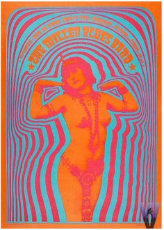 an orange and blue poster with a woman's body in the middle of it