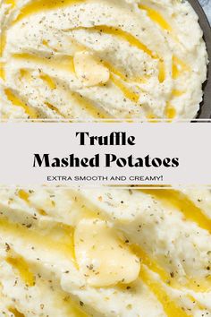 mashed potatoes in a skillet with butter on top and the words truffle mashed potatoes above it