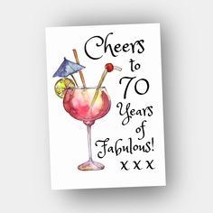 Fun 70th Birthday Card for Her  'Cheers to 70 Years Of Fabulous'  Vibrant and colourful, this unique card is perfect for women turning 70!  This thick & glossy quality card is 7" x 5" (7.78cm x 12.7cm).  It comes with a craft envelope in a cello bag, carefully posted 1st class in a thick 'do not bend' cardboard envelope.   Dispatched the same day if ordered before 12pm, Monday to Friday. I hope you love this card and if you'd like to see more, please visit my Etsy page: TwistedHedgehogCards.   T 70th Birthday Wishes For Women, 70 Birthday Cards Female, Birthday Wishes For Women, Birthday Card For Women, Old Birthday Cards, Craft Envelope, 70th Birthday Card, Happy 70 Birthday, Birthday Card For Her