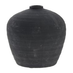 a black vase is shown against a white background