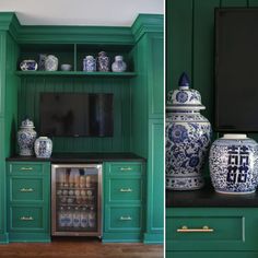 two pictures of green cabinets with blue and white vases on them, one in front of the other