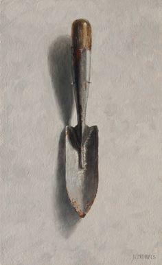 a painting of a shovel stuck in the wall with it's handle extended up