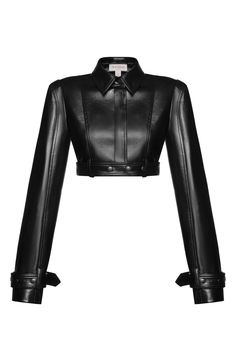 Eco leather mini biker jacket. Belted sleeves and waist. Button and a clasp fastening. Open back. Lined. Color: back. Shell: 100% Polyester with Polyurethane coating Lining: 100% Polyester Made in Georgia This particular piece is non-returnable and non-exchangeable. Mini Jacket, Dr Wardrobe, Mode Zara, Black Tweed, Belted Jacket, Best Wear, Cosplay Outfits, Stage Outfits, Lookbook Outfits