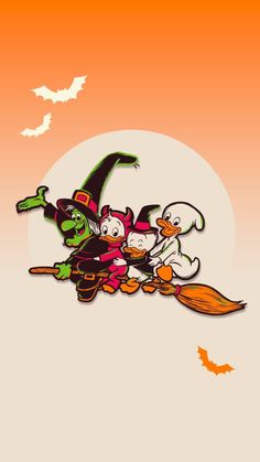 three cartoon witches riding on a broom