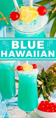 blue hawaiian cocktail with pineapples and cherries