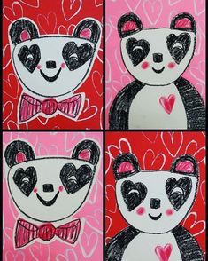 four pictures of pandas with hearts on them