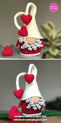 crocheted red and white hat with hearts on it, sitting next to a potted plant