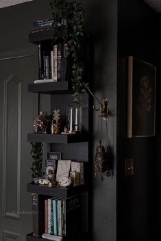 a bookshelf filled with lots of books next to a wall mounted planter