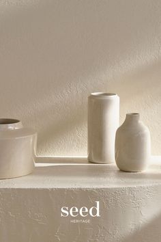 three white vases sitting on top of a shelf with the word seed written below them