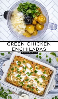 green chicken enchiladas in a casserole dish with rice and olives