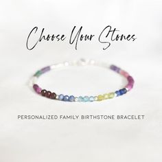 "This design-your-own bracelet showcases a dazzling selection of personalized birthstones. Every bracelet is made to order to your specifications. All gemstones stones used in this bracelet design are natural and uniform in shape - yet no two bracelets are the same. All jewelry will arrive in an elegant, ready-to-gift drawstring pouch within a gift box. With over 12 unique gemstone options to choose from, this bracelet makes the perfect gift for just about anyone in your friend or family circle. Adjustable Stackable Bracelets For Birthday, Birthstone Round Beads Jewelry For Birthday, Round Beads Birthstone Jewelry For Birthday, Adjustable Stackable Jewelry For Birthdays, Adjustable Birthstone Bracelets For Birthday, Silver Gemstone Bracelets For Mother's Day, Stackable Sterling Silver Jewelry For Birthdays, Birthday Bracelets With Round Beads, Sterling Silver Stackable Jewelry For Birthday