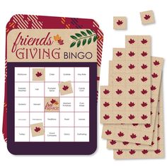 a card game with the words friends giving bingo on it and four pieces of paper