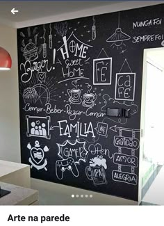 a blackboard with some writing on it and a lamp in the corner next to it