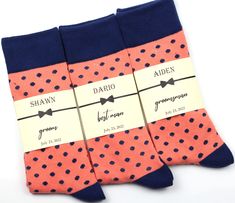 These groomsmen socks are perfect gift for your wedding party. Coral and navy polka dot socks ensure the wedding party looks and feels their best while the colors match your wedding theme. With our personalized socks labels discover the fun way to propose your best man and groomsmen in style or simply make an elegant presentation as groomsmen gift. These socks and custom labels make an excellent gift for best man, groomsmen, bridesman, usher, officiant, flower dude, ring security, ring bearer, P Light Orange Wedding, Best Man Proposal, Junior Groomsmen, Groomsmen Socks, Ring Security, Ways To Propose, Polka Dot Socks, Wedding Socks, Floral Necktie