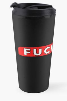 a black and red travel mug with the word fuchs on it's side