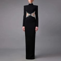 Jean Louis Sabaji, Dress With Side Cutouts, Bond Woman, Long Dresses Elegant, Long Sleeve Fitted Dress, Bandage Dress Bodycon, Dress Sleeve Styles, China Dress, High Neck Long Sleeve