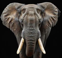 an elephant with large tusks standing in front of a black background and looking at the camera