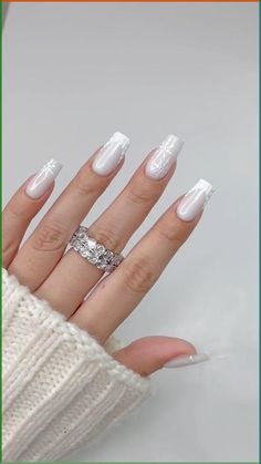 White Milk Nails With Designs, Milk White Christmas Nails, White Base Nail Design, Medium Square Acrylic Nails Winter, White Christmas Nails Square, Milk White Acrylic Nails With Design, White Base French Nails, Nails Christmas White