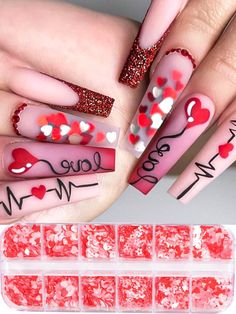 Pink Heart Nail Charms Glitter Nail Sequins 1 Box 12 Grids Pink White Red Colorful Dopamine Holographic Nail Art Flakes Sweet Heart Star Hexagon Cute Valentine's Day DIY Nail Design Nail Slices Decoration For Women Girls Salon DIY Nail Accessories Multicolor    PET  Nail Art Glitters   Nail,Hand & Foot Care, size features are:Bust: ,Length: ,Sleeve Length: Valentine’s Day Nails Acrylic Red, Valentines Day Nails Coffin Shape, Red Valentines Nails Acrylic, Valentine’s Day Nails Coffin, Matte Valentines Nails, Valentines Coffin Nails, Bling Valentines Nails, Heart Glitter Nails, Nude Valentines Day Nails