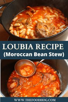 the recipe for moroccan bean stew is shown in two different pans, one with meat and