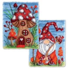 two gnomes are sitting on the ground with their houses and mushrooms in front of them