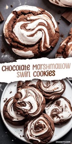 chocolate marshmallow swirl cookies on a white plate with the title in the middle